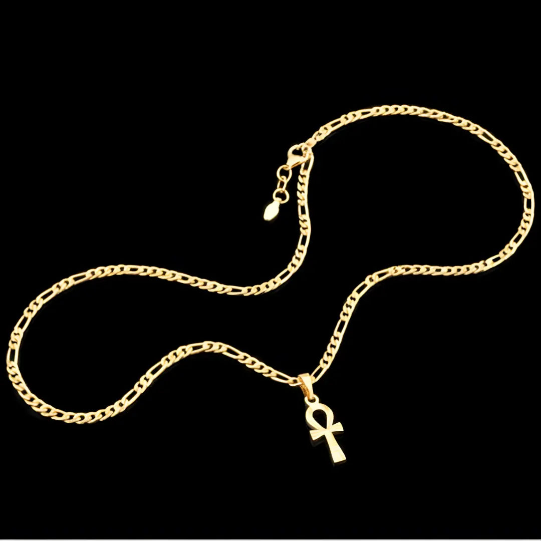 18K Gold Filled Egyptian Ankh Key of Life Pendant Necklace – Diamond-Cut Figaro Chain Necklace for Men & Women